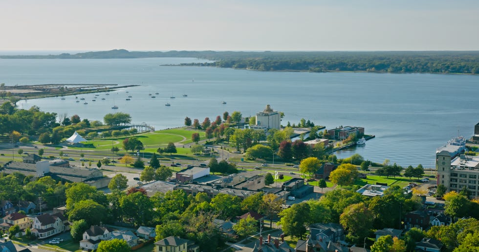 aerial view of muskegon lake in muskegon, michigan on sunny day