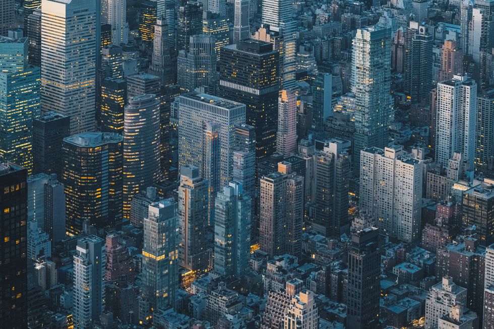 aerial view of new york city skyline at night