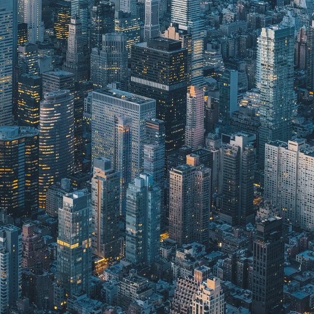 aerial view of new york city skyline at night