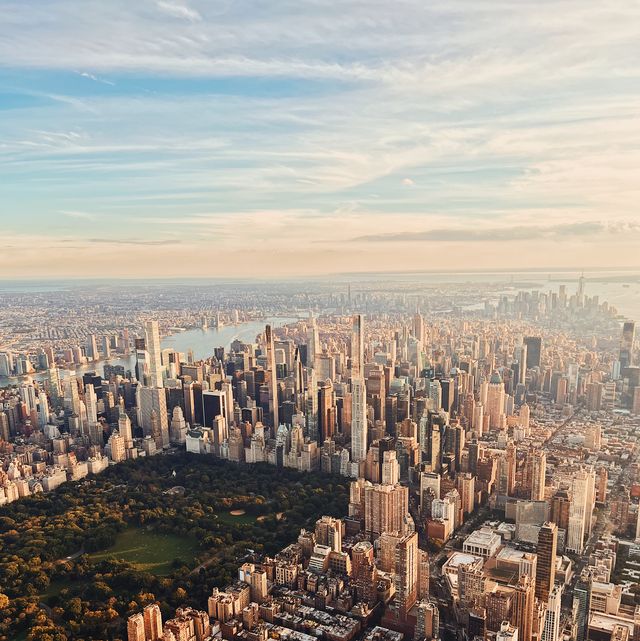 aerial view of new york city skyline at sunset, usa