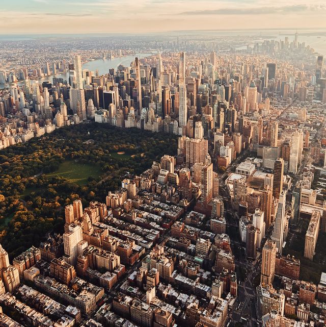 aerial view of new york city skyline at sunset, usa