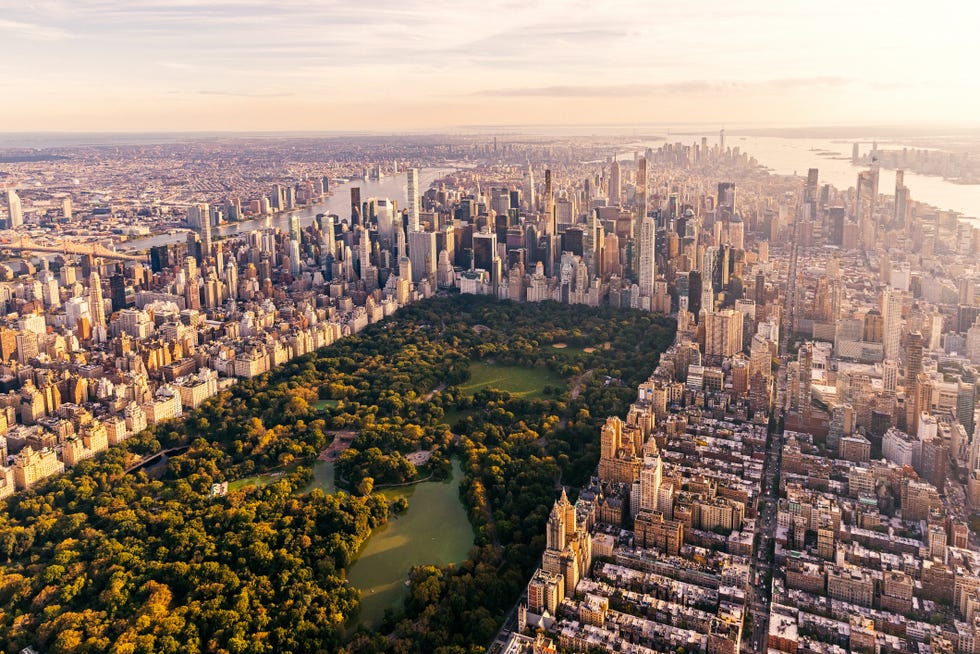 aerial view of new york city skyline with central park and manhattan, usa