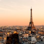 aerial view of paris streets and eiffel tower at sunset, france