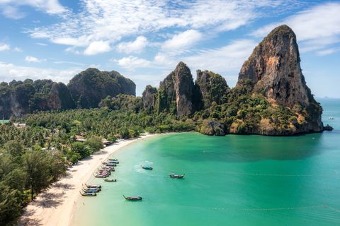 aerial view of railay beach seen from a drone one of thailand's most famous luxurious beach in summer sunny day in krabi, thailand