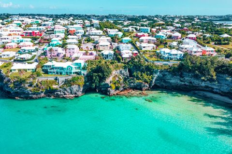 aerial view of sea and buildings on beautiful island