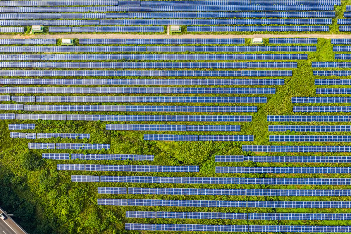 Aerial view of solar power station and solar energy panels