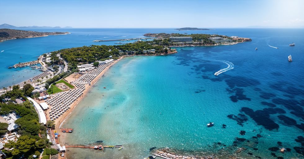 aerial view of the famous luxury beach astir in south athens, bay of vouliagmeni