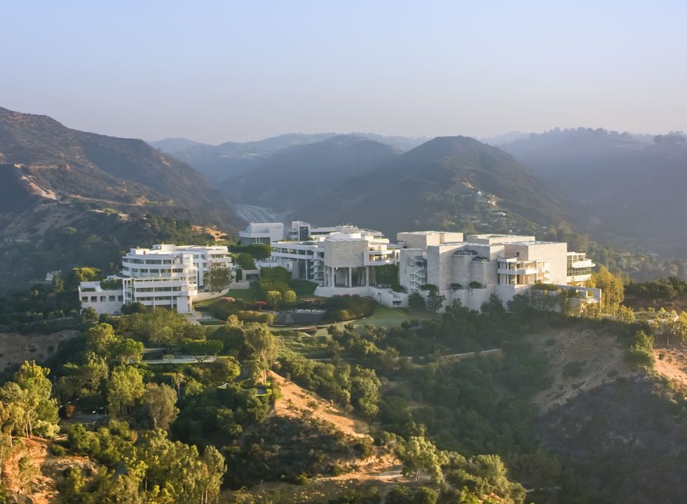 aerial view of the getty center in brentwood, los angeles in the morning sun