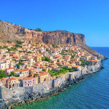 aerial view of the old town of monemvasia in lakonia of peloponnese, greece.