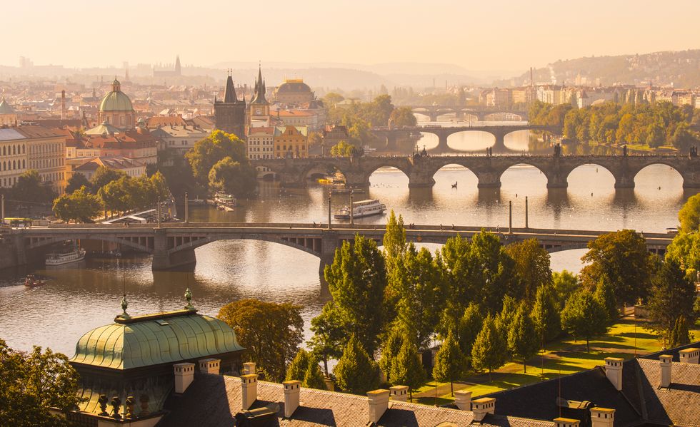 aerial view of the the charles bridge and vltava river in prague, czech republic
