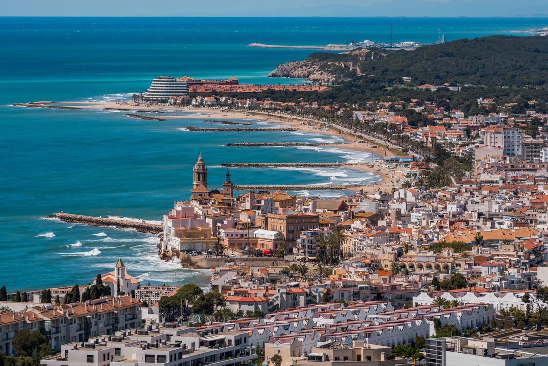 aerial view of the touristic town of sitges in barcelona, catalonia, spain