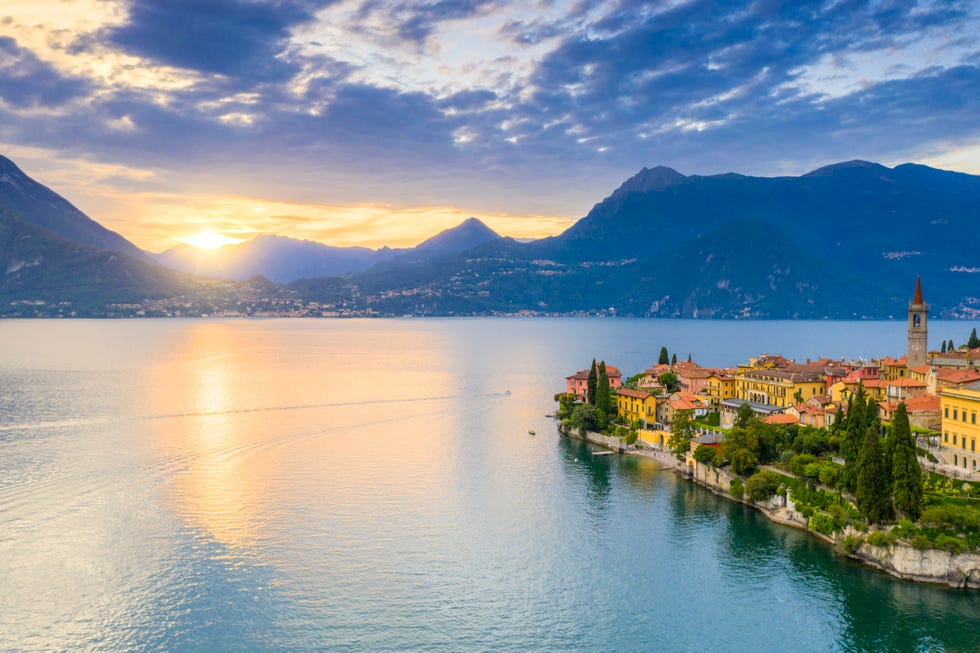 aerial view of varenna at sunset, lake como, italy