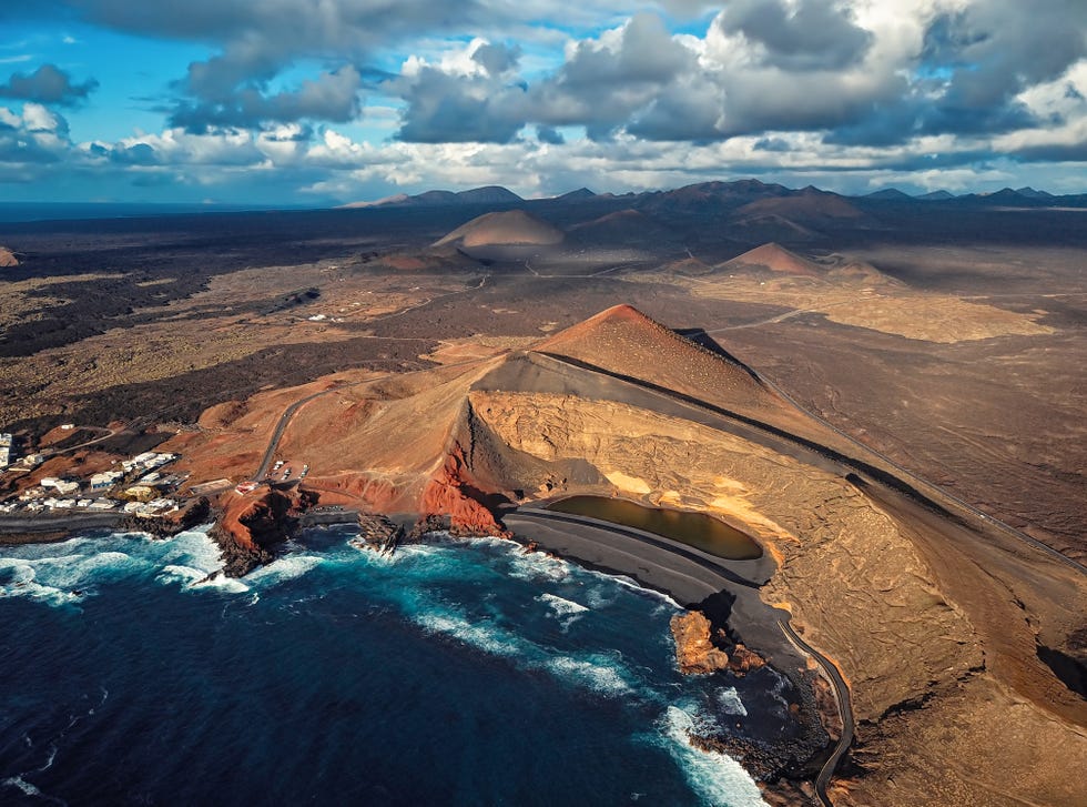 aerial view of volcanic lake el golfo, lanzarote, canary islands, spain