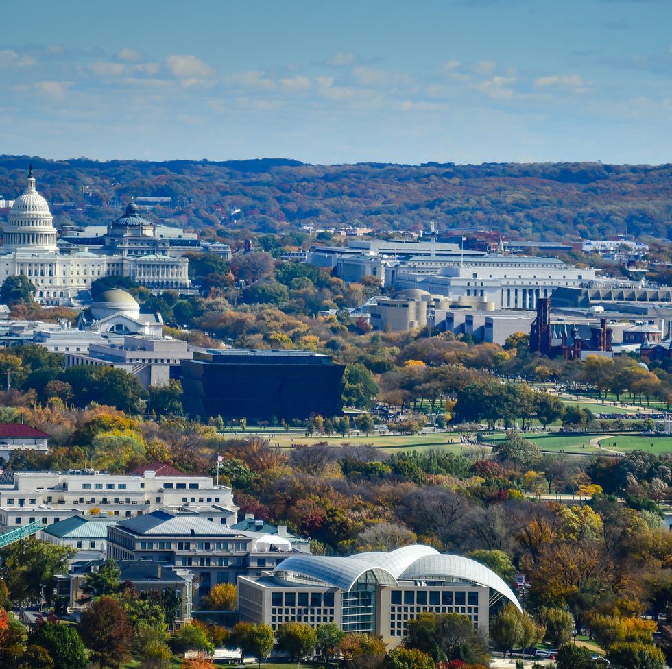 aerial view of washington dc with the us capitol building and washington monument along the national mall in late autumn
