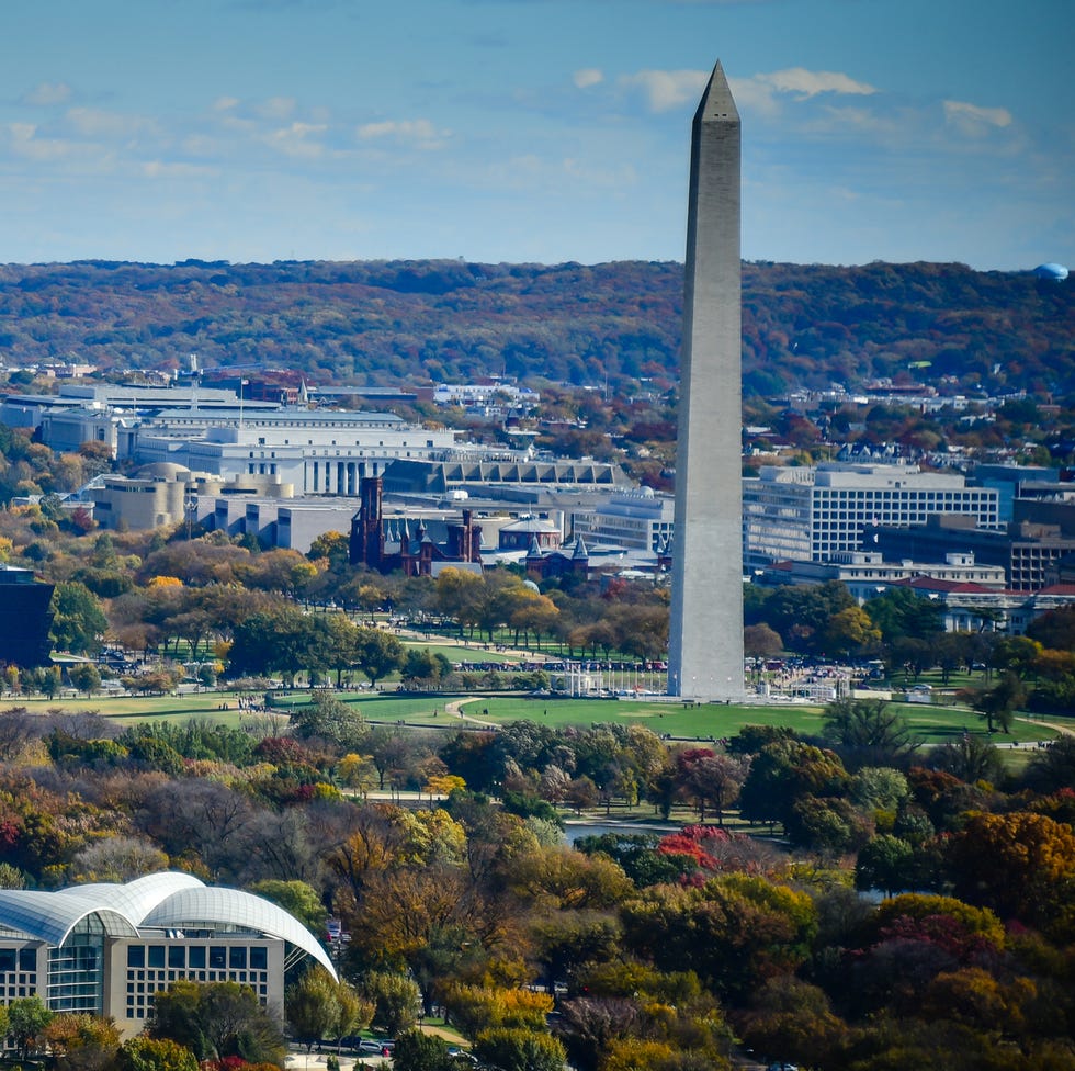 Aerial view of Washington DC with the US Capitol Building and Washington Monument along the National Mall in late Autumn aerial view of washington dc with the us capitol building and washington monument along the national mall in late autumn