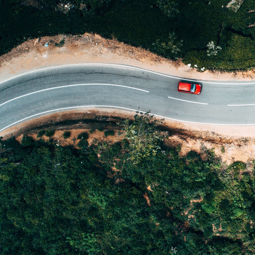 aerial view on red car on the road near tea plantation
