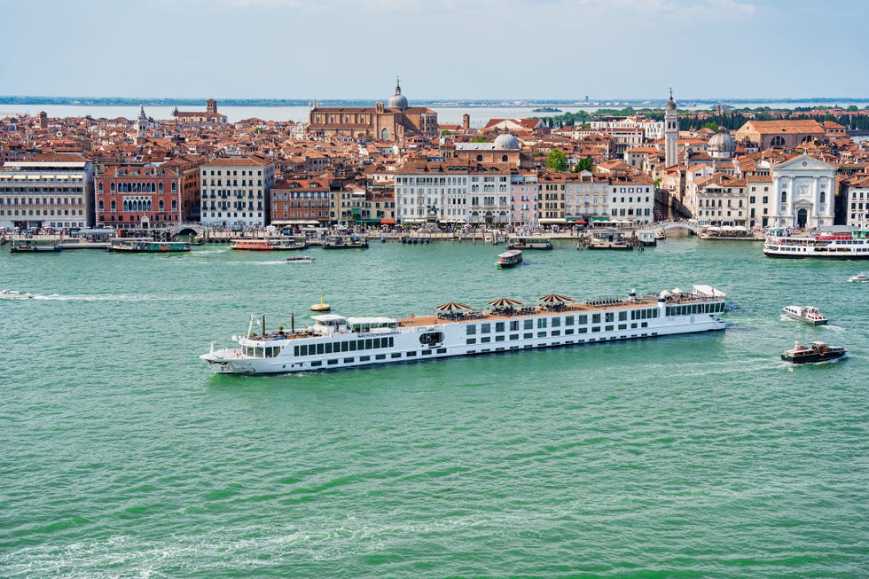 aerial view over the grand canal in venice with the boat traffic