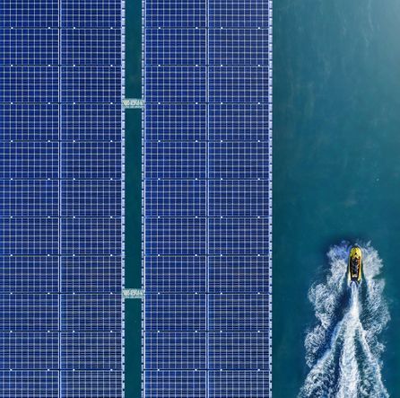 aerial viewsolar panel floating in the dam a clean energy source