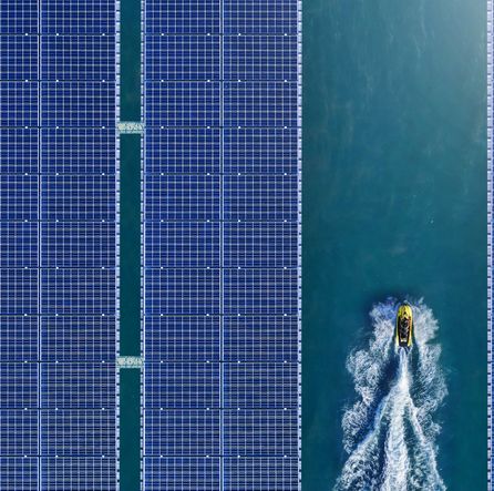 aerial viewsolar panel floating in the dam a clean energy source