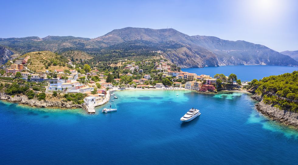 aerial view to the beautiful fishing village of assos on the island of kefalonia, greece