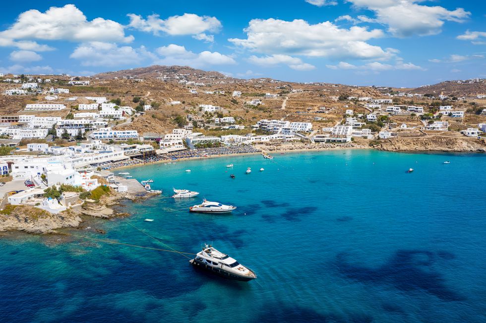 aerial view to the platis gialos beach on the island of mykonos