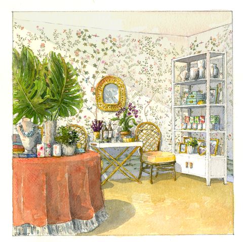 Room, Interior design, Yellow, Furniture, Wallpaper, Botany, Living room, Table, Plant, Interior design, 