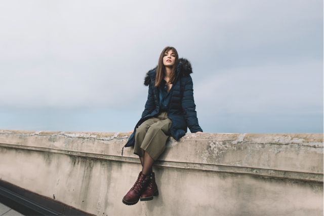 Photograph, Sitting, Beauty, Street fashion, Fashion, Leg, Footwear, Photography, Long hair, Outerwear, 