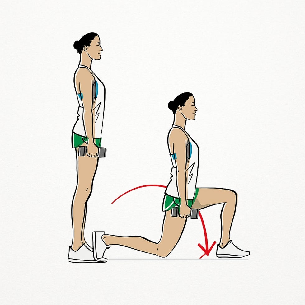 illustration demonstrating a lunge exercise with dumbbells