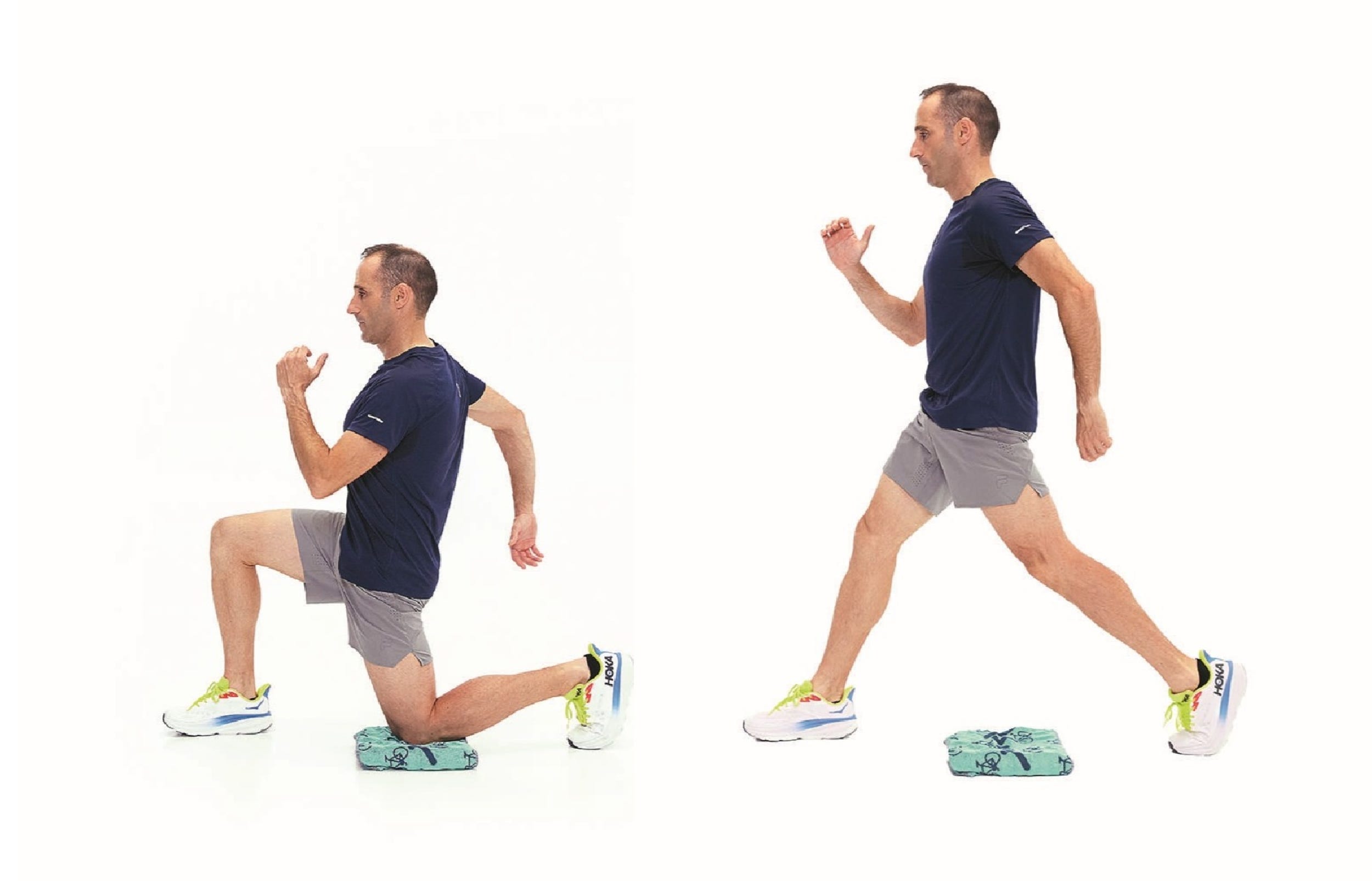 man performing exercise on a mat with dynamic lunging and running motion