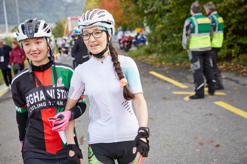 sisters rehiane and zakia mohammadi at the starting line of the 2022 women's road championships of afghanistan held in aigle, switzerland on sunday, october 23, 2022