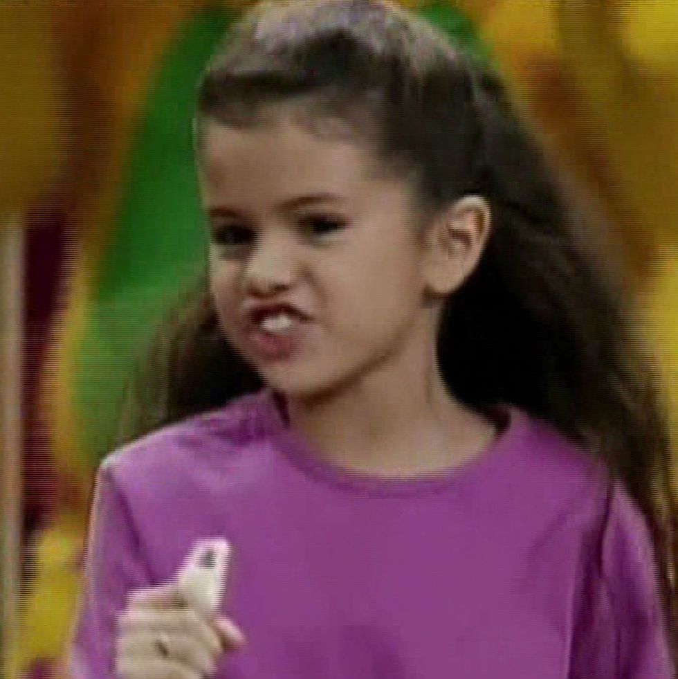 here's disney starlet selena gomez as a fresh faced ten year old the texas born actress landed her first role in kids' dinosaur show, 'barney friends' and the 18 year old looked horrified when a clip of her dancing was shown on us tv "oh my god," she saidppictured selena gomez on 'barney friends'pbref spl225626 091110 bbrpicture by splash newsbrppbsplash news and picturesbbrlos angeles 310 821 2666brnew york 212 619 2666brlondon 870 934 2666brphotodesksplashnewscombrppbrsplash news and picture agency does not claim any copyright or license in the attached material any downloading fees charged by splash are for splash's services only, and do not, nor are they intended to, convey to the user any copyright or license in the material by publishing this material , the user expressly agrees to indemnify and to hold splash harmless from any claims, demands, or causes of action arising out of or connected in any way with user's publication of the materialp