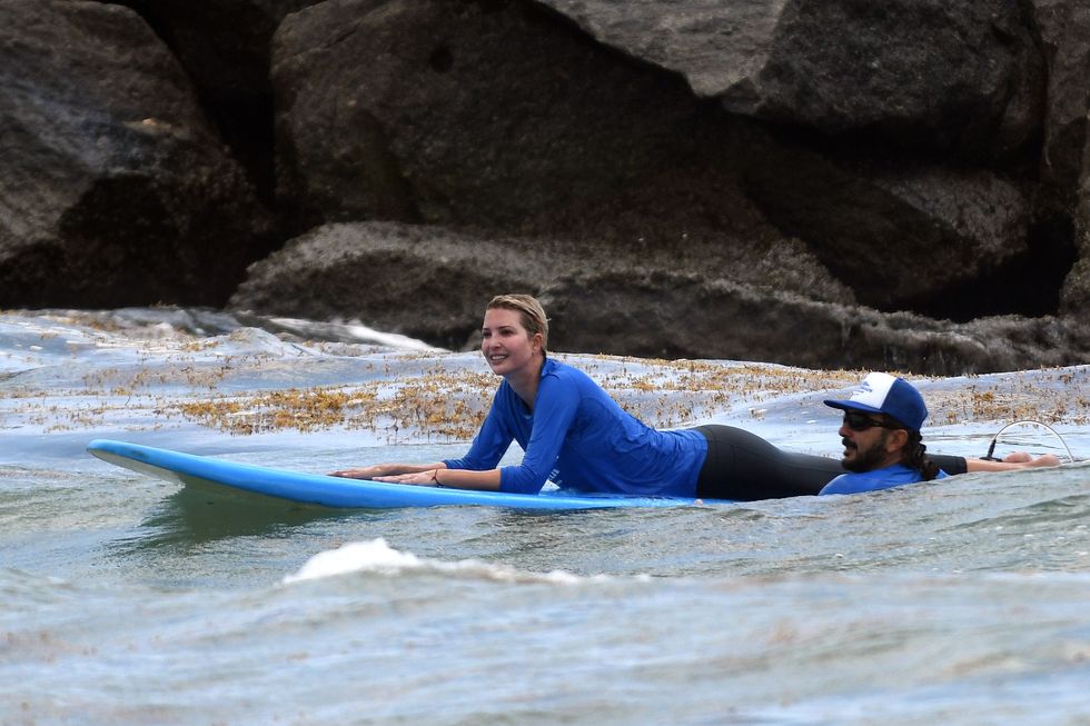 premium exclusive no web until 430pm edt 12th may ivanka trump spends mothers day battling big waves and seaweed as she takes a private surfing lesson with her three children in miami the former first daughter seemed to be having the time of her life as she learned from a hunky surf instructor while her children surfed nearby with their own instructors she was seen smiling and laughing as she caught the waves, and cheering on her brood as they did the same at one point she looked worried as she almost injured one of her sons with her board, but no one was seriously hurt after the surf session, she dried off in a yellow towel and relaxed for a while on a lounge chair before heading home husband jared kushner did not seem to be along for the adventure this time 09 may 2021 pictured ivanka trump photo credit mega themegaagencycom 1 888 505 6342