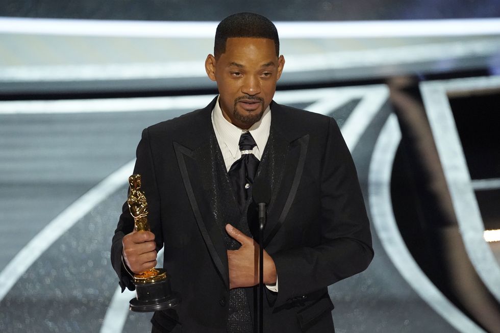 will smith cries as he accepts the award for best performance by an actor in a leading role for king richard at the oscars on sunday, march 27, 2022, at the dolby theatre in los angeles ap photochris pizzello