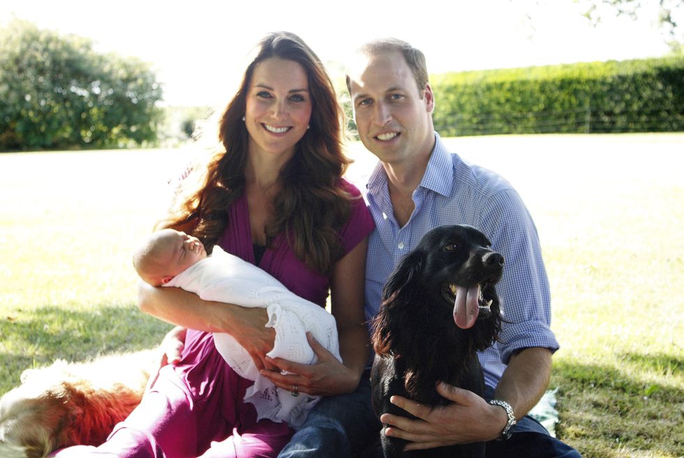 the duke and duchess of cambridge with their son prince george in the garden of the middleton family home in bucklebury, berkshire, uk surrounded by tilly the retriever a middleton family pet, and lupo, the couple's cocker spaniel