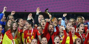 soccer football fifa womens world cup australia and new zealand 2023 final spain v england stadium australia, sydney, australia august 20, 2023 spains queen letizia celebrates with the trophy and players after spain win the world cup reutershannah mckay