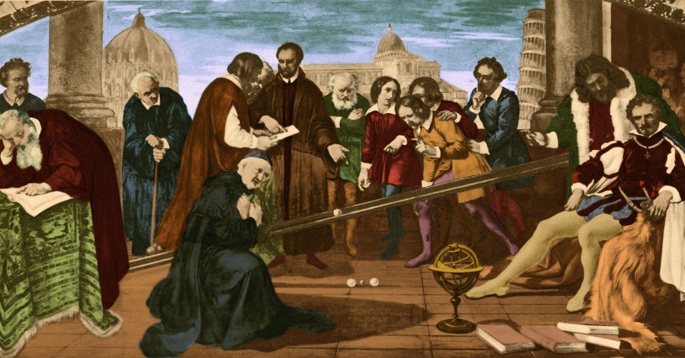 this picture, painted in 1841, carries us back to an experiment galileo is alleged to have made during his time as lecturer at pisa to the left and right are men of ill will the prince giovanni de medici, and galileo's scientific opponents these were leading men of the universities, who are bending over the sacrosanct book of aristotle, where it is written that according to the rules of gravity, bodies of unequal weight fall with different speeds galileo the tallest figure left of center in the picture, surrounded by a group of students had boldly stated the opposite view physics showed him to be right