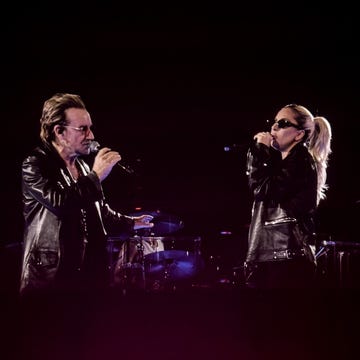 mandatory credit photo by amiee stubbsimagespaceshutterstock 14167117a u2 bono, the edge, adam clayton, bram van den berg and guest lady gaga u2uv achtung baby live at sphere, las vegas, nevada, usa 25 oct 2023