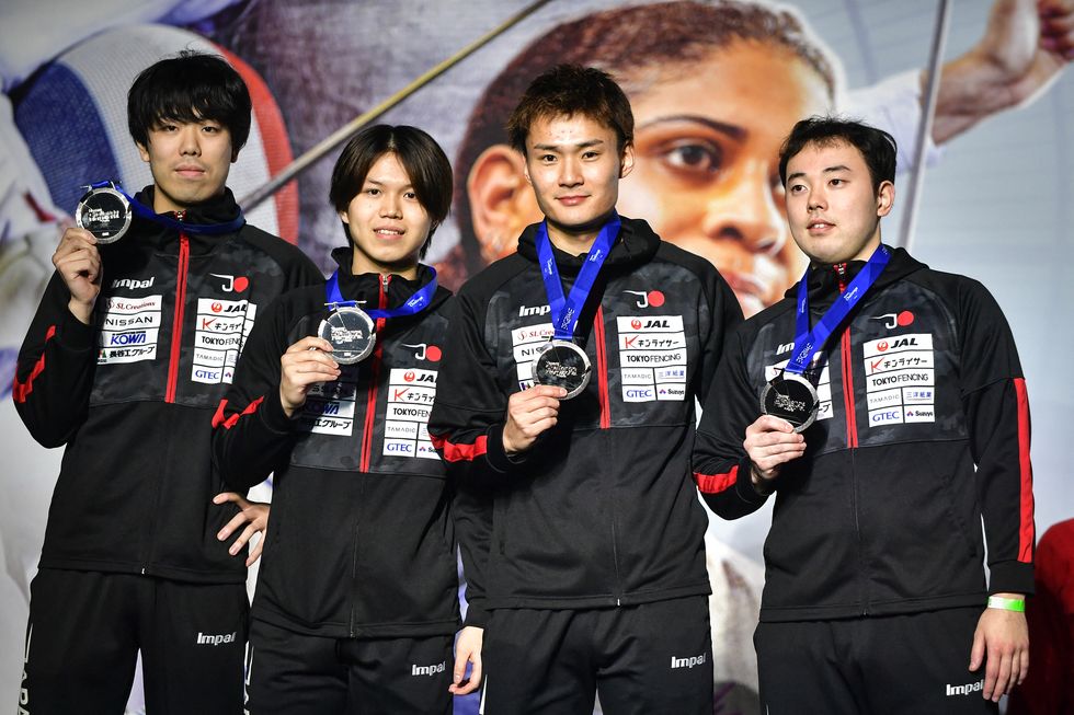 japans foilists team poses on the podium with silver medals at the end of the final challenge of the mazars challenge international de paris fencing on january 14, 2024 photo by firas abdullahabacapresscom