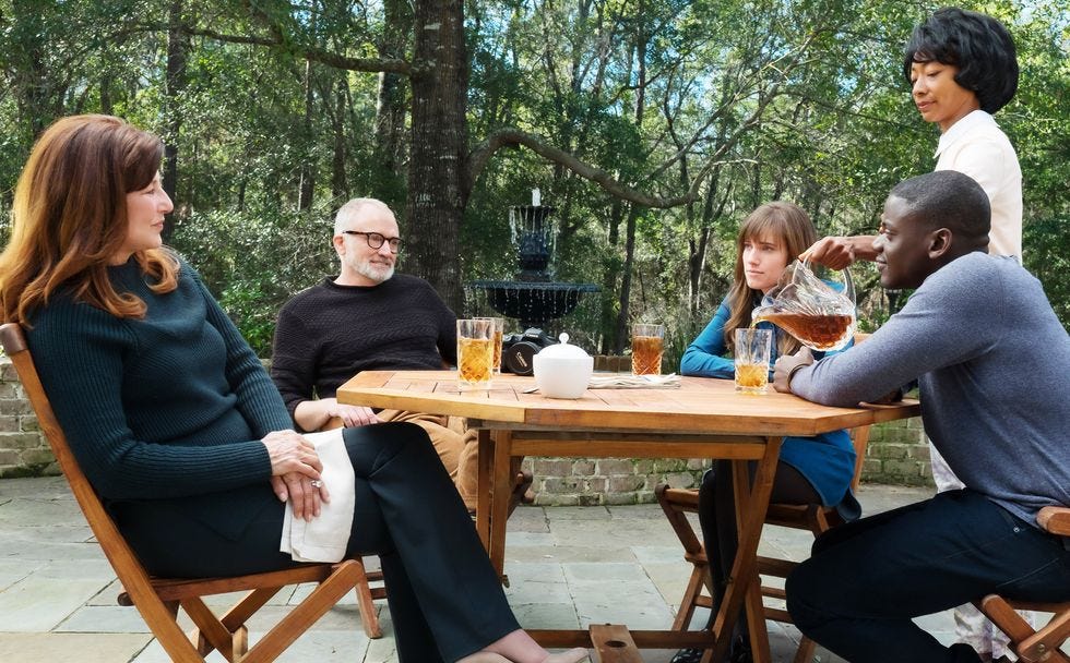 get out, from left catherine keener, bradley whitford, allison williams, betty gabriel standing, daniel kaluuya, 2017 ph justin lubin ©universal picturescourtesy everett collection