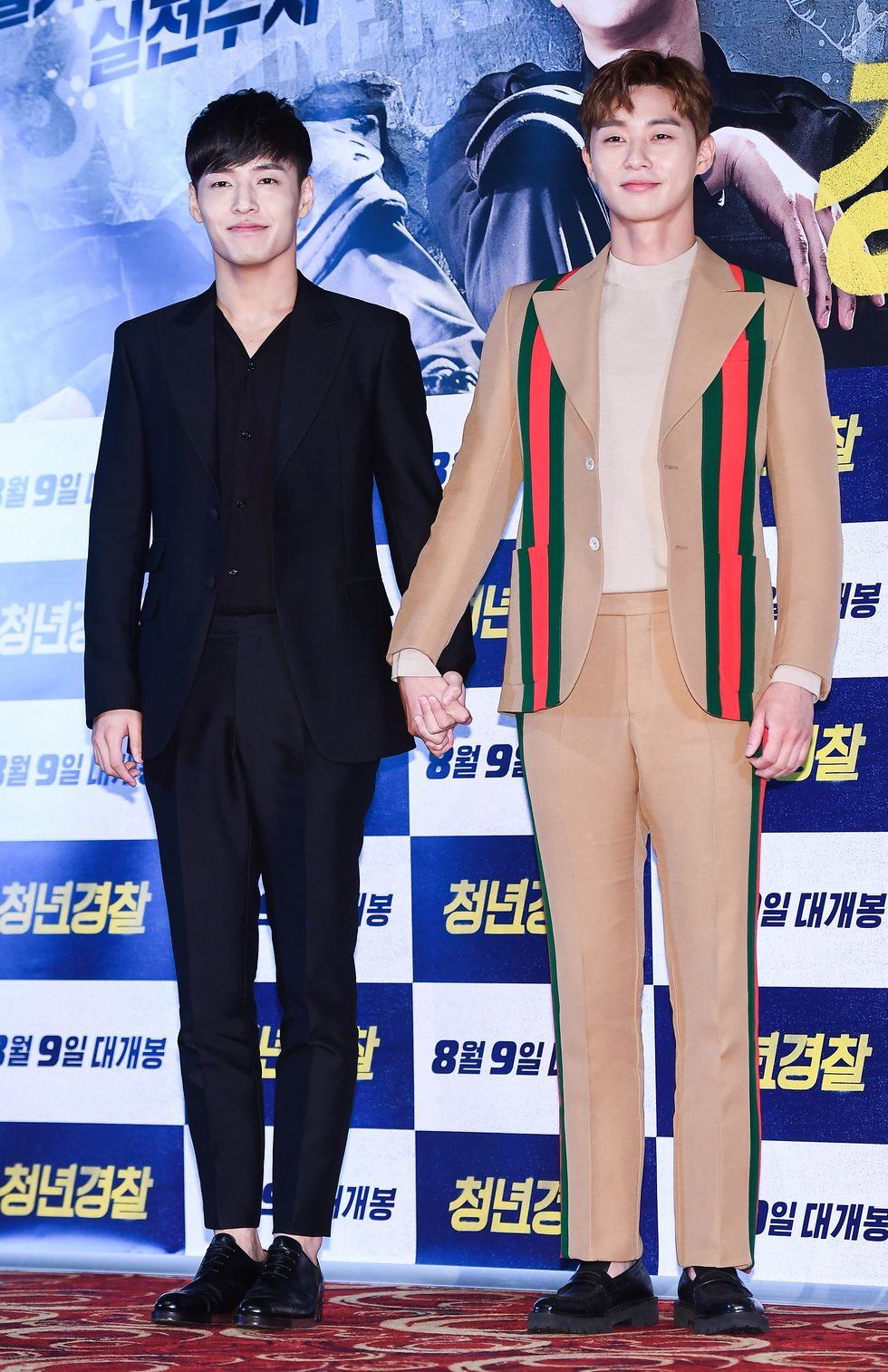 park seo joon, kang ha neul poses for pictures during press preview of movie 'midnight runners' at entrance point of lotte cinema center on july 25th in seoul, south korea photoosen