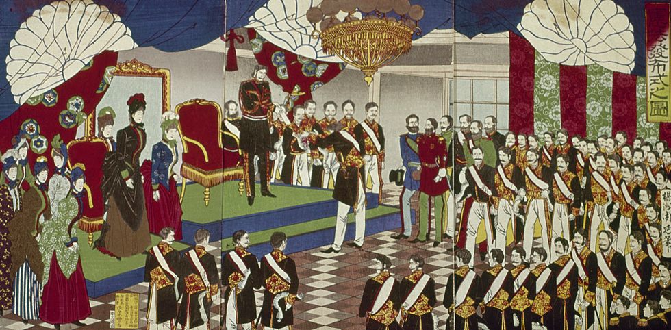 japan constitution, 1889 nthe meiji emperor mutsuhito presents the constitution of the empire of japan woodblock print, triptych, 1890, by yoshu shuen