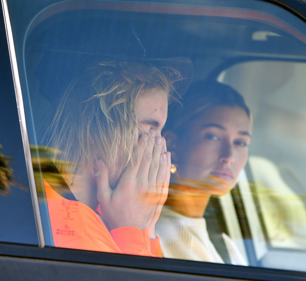 justin bieber appears to be crying as he and hailey baldwin head to his pastors home in beverly hills 11 oct 2018 pictured justin bieber and hailey baldwin photo credit snorlax mega themegaagencycom 1 888 505 6342