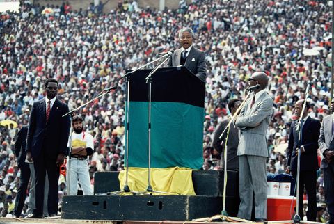 African National Congress leader Nelson Mandela holds a speech during a rally in Soweto on February 13, 1990 in Johannesburg, South Africa