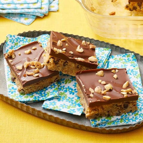 no bake peanut butter bars on floral napkins