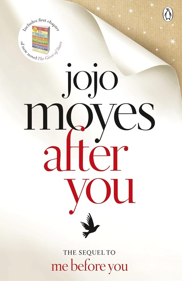 book cover for after you by jojo moyes featuring the title and a promotional mention