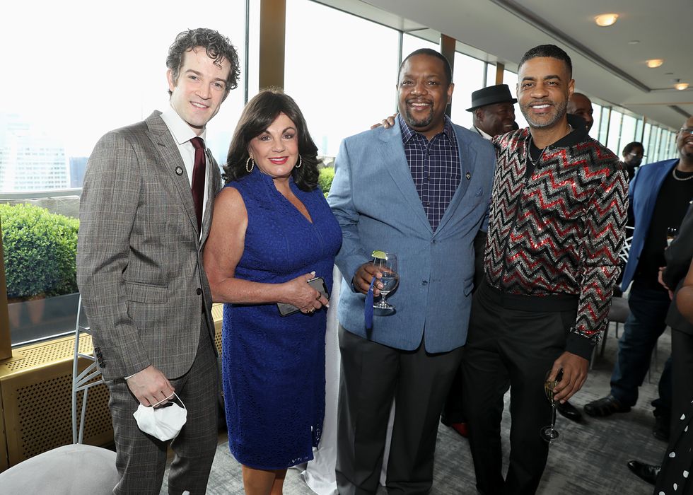 new york, new york   may 24 aj shively, the broadway league president charlotte st martin, john andrew morrison, and jason michael webb attend the 75th annual tony awards nominees luncheon at the rainbow room on may 24, 2022 in new york city photo by jemal countessgetty images