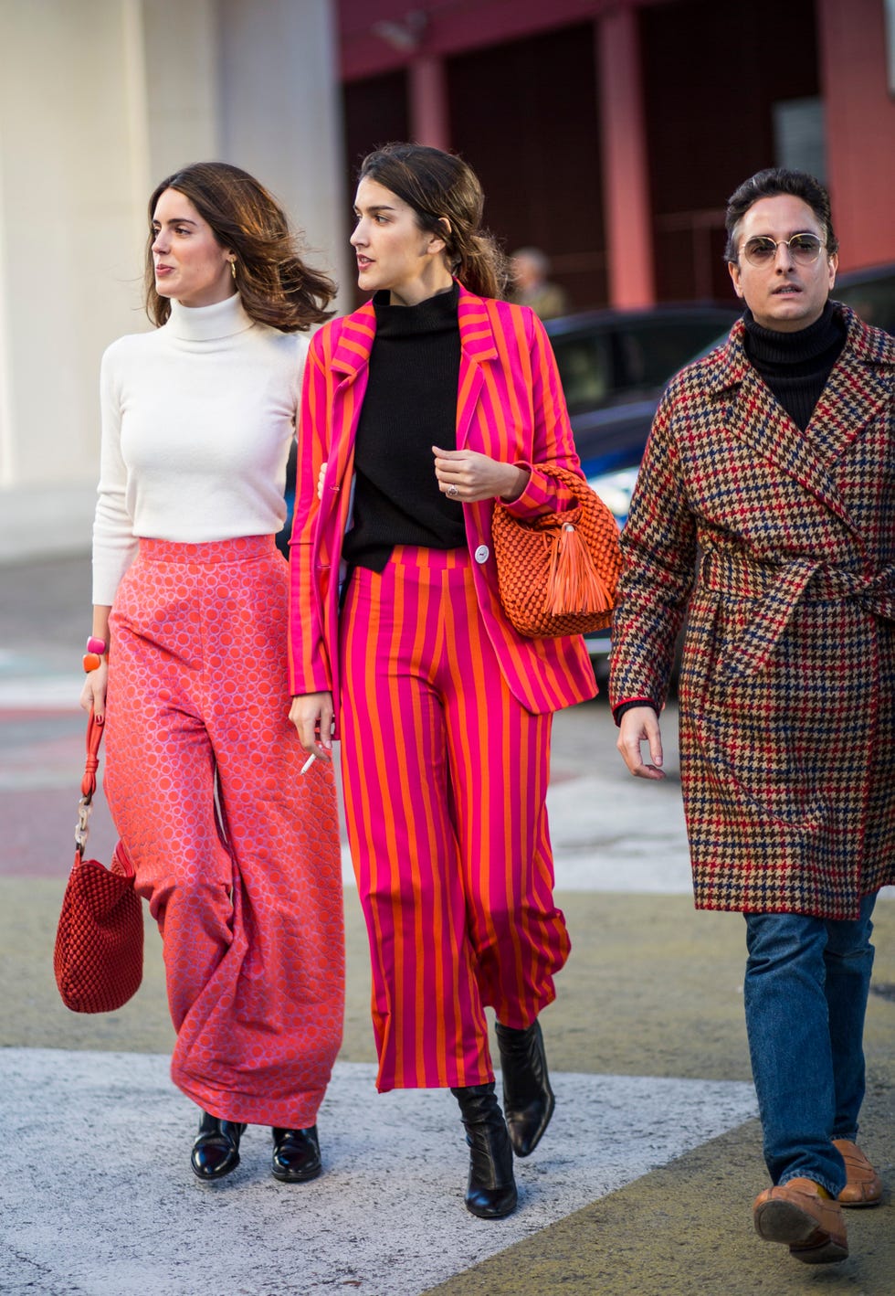 Pink, People, Clothing, Street fashion, Fashion, Red, Outerwear, Human, Fashion design, Magenta, 