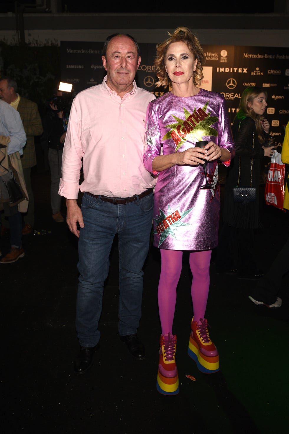 Pink, Fashion, Yellow, Event, Fun, Footwear, Night, T-shirt, Fashion design, Performance, 