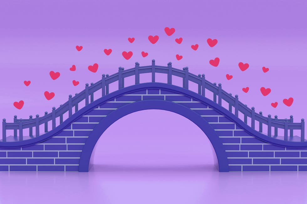 illustrated bridge with hearts overhead