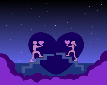 two figures exchanging hearts while ascending steps towards a large heart shape in a night sky